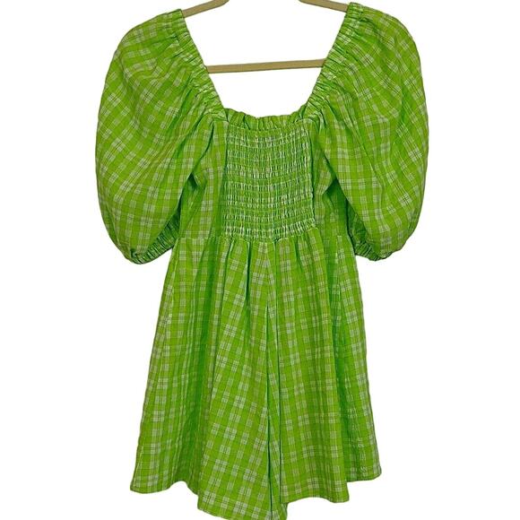 Topshop Ruched Bow Front Scoop Neck Puff Sleeve Romper US Size 2 Lime Plaid NWT - Picture 3 of 7